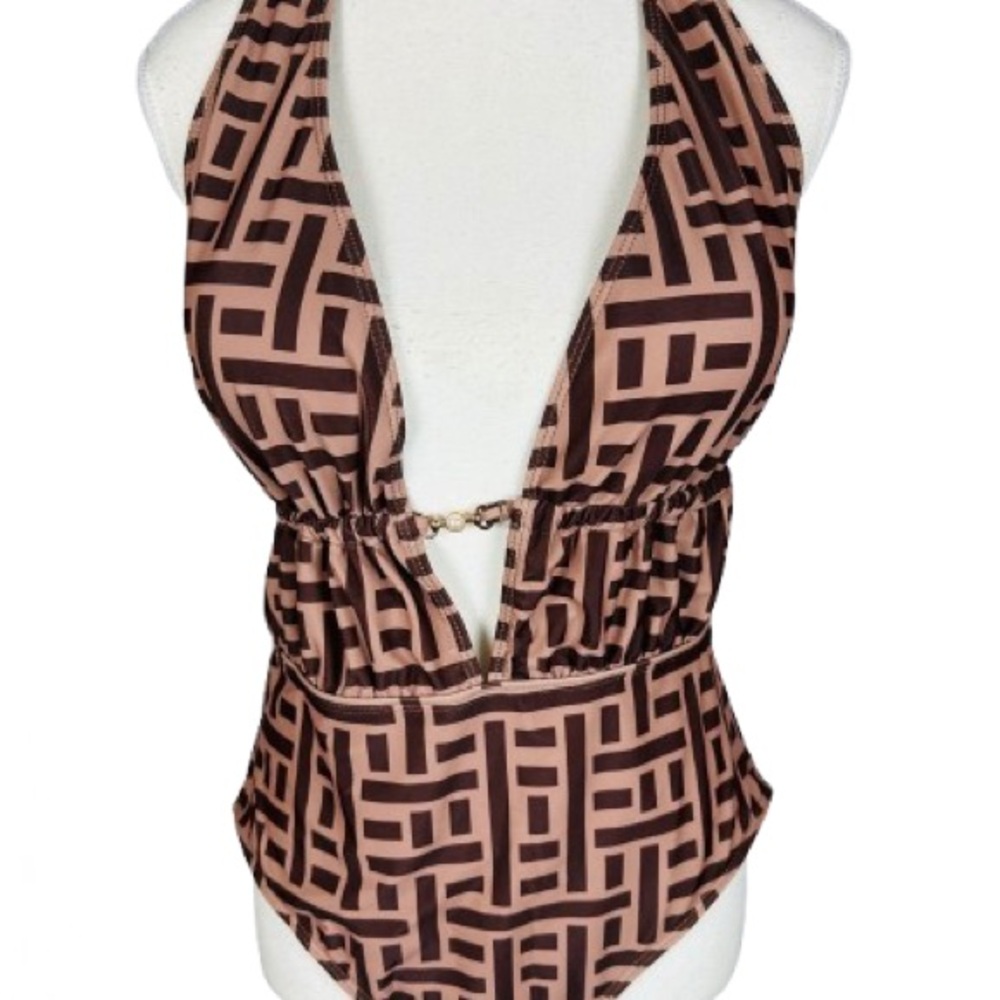 Geometric Brown One-Piece Swimsuit Size XL